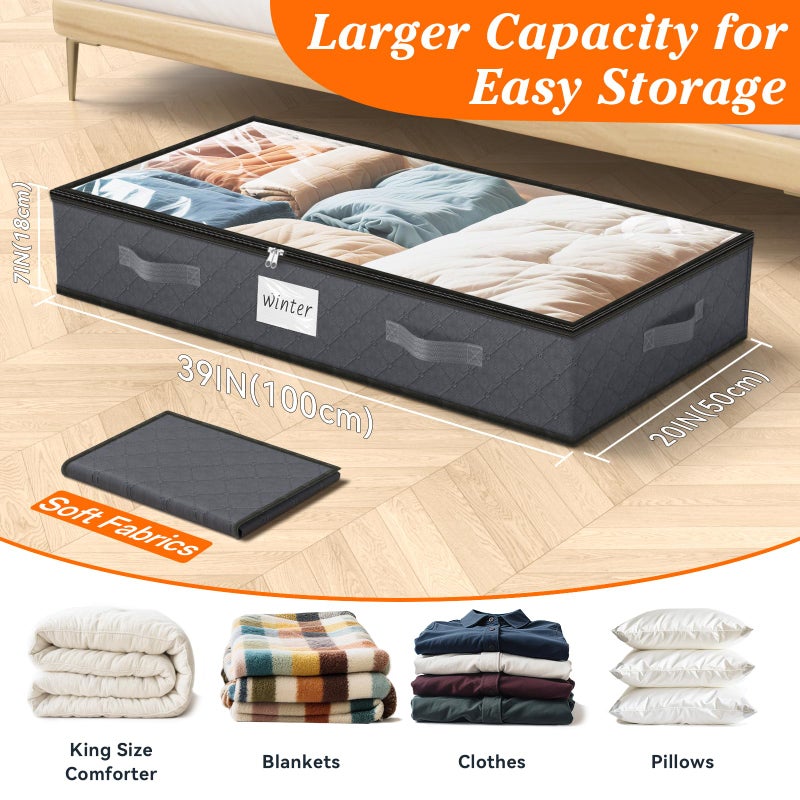 SpaceWhisper 90L Under Bed Storage Containers, 4-Pack Storage Bins with Clear Top, Foldable Closet Organizers and Storage with Label Holder for Clothing, Blankets, Comforter & Pillows (Grey) - Image 2