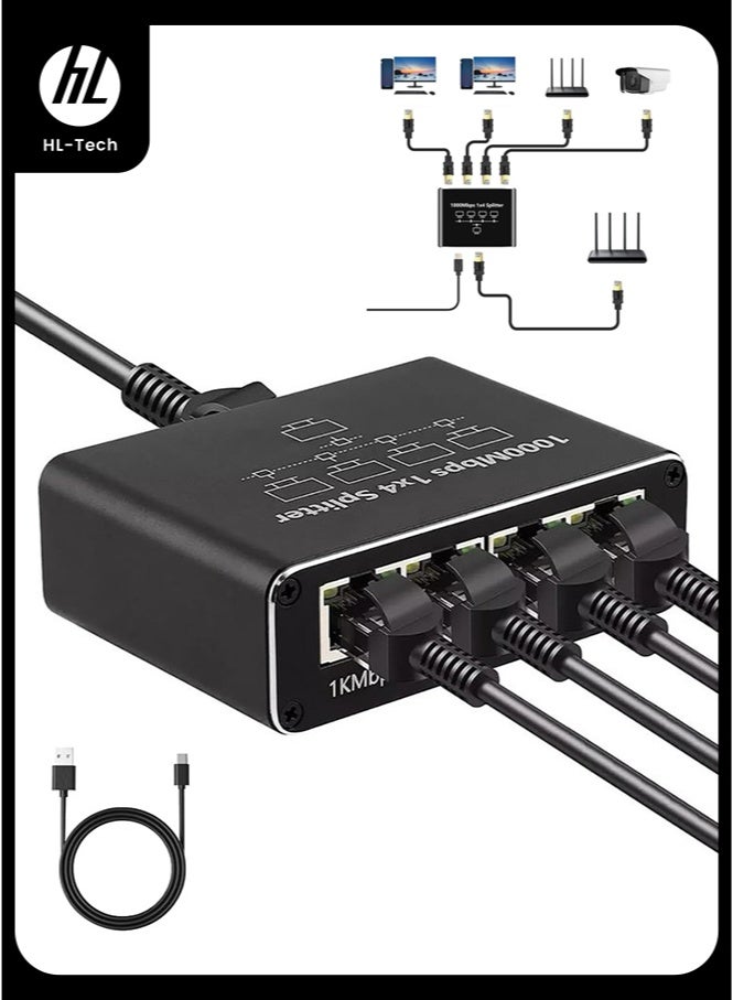 إتش إل تيك موزع شبكة جيجابت إيثرنت - موزع شبكة من 1 إلى 4 مع كابل طاقة USB، محول إنترنت RJ45 بسرعة عالية 1000 ميجابت في الثانية لكابل Cat 5/5e/6/7/8 [4 أجهزة متصلة بالشبكة في وقت واحد] - Image 1