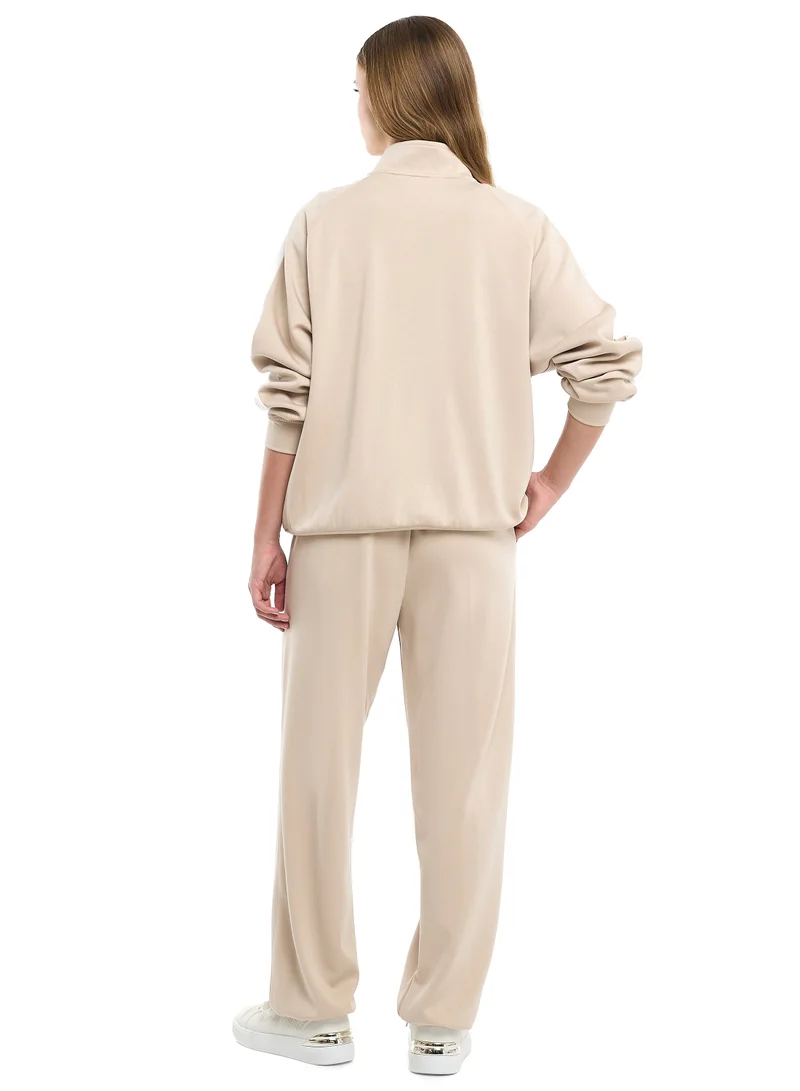 victor and jane Ladies Beige Contrast-Stripe Track Set – Zip-Up Jacket & Joggers