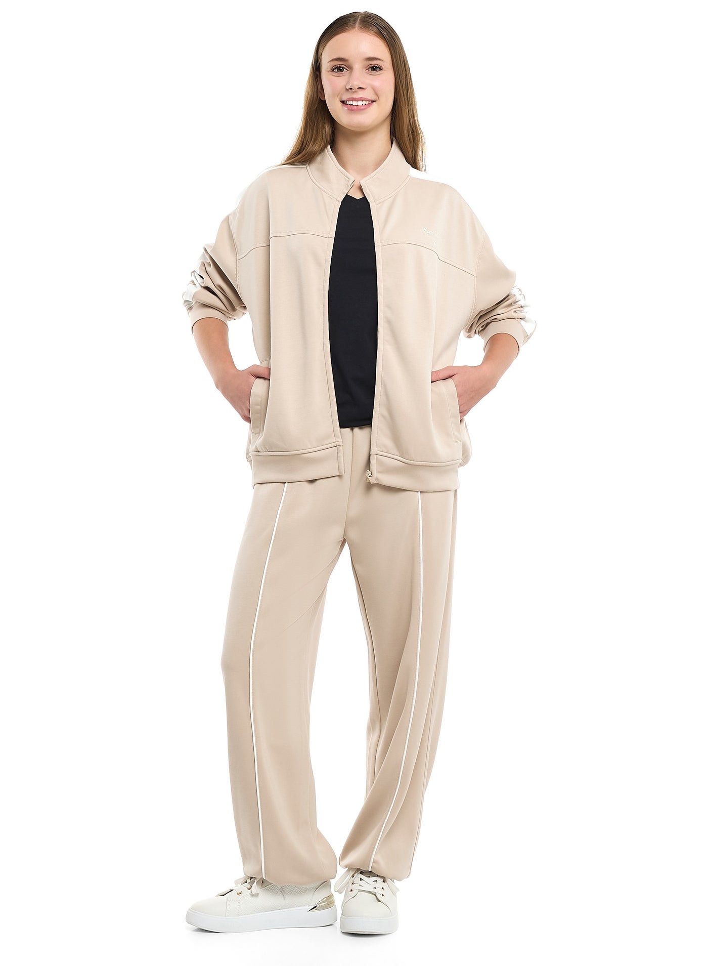 victor and jane Ladies Beige Contrast-Stripe Track Set – Zip-Up Jacket & Joggers