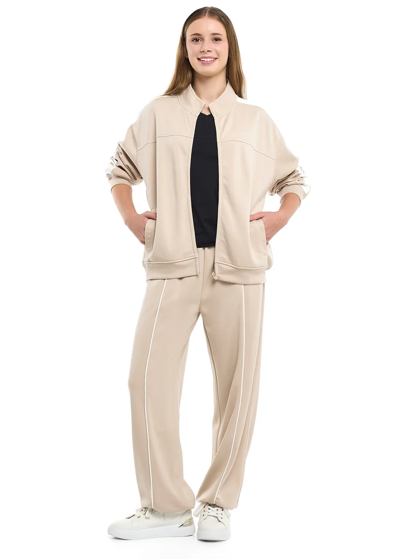 victor and jane Ladies Beige Contrast-Stripe Track Set – Zip-Up Jacket & Joggers