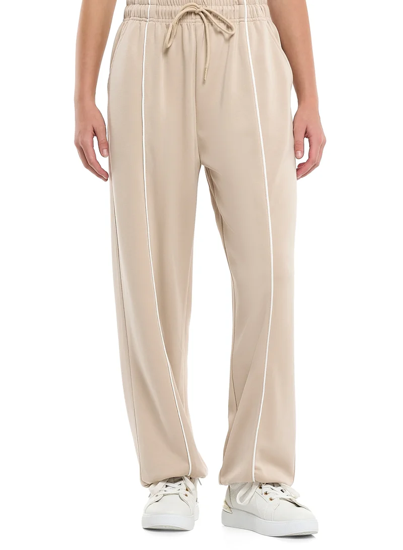 victor and jane Ladies Beige Contrast-Stripe Track Set – Zip-Up Jacket & Joggers