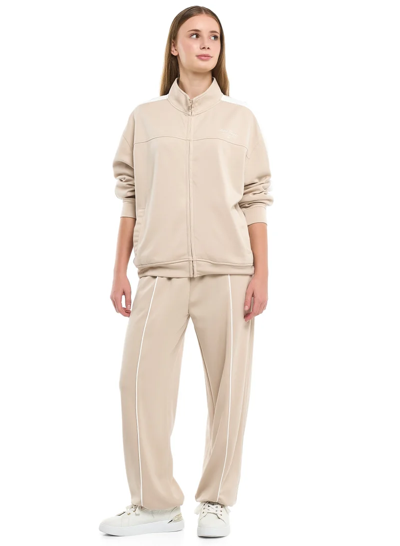 victor and jane Ladies Beige Contrast-Stripe Track Set – Zip-Up Jacket & Joggers