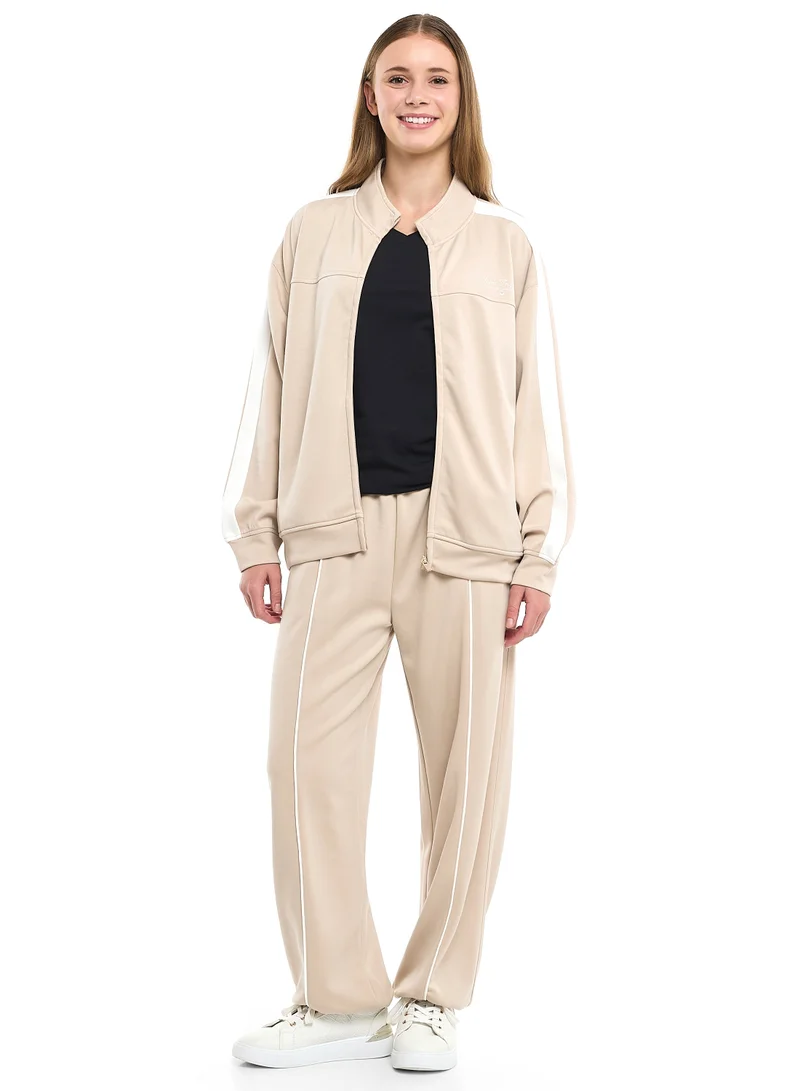 victor and jane Ladies Beige Contrast-Stripe Track Set – Zip-Up Jacket & Joggers