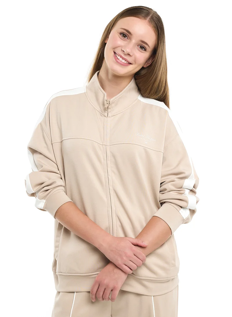 victor and jane Ladies Beige Contrast-Stripe Track Set – Zip-Up Jacket & Joggers