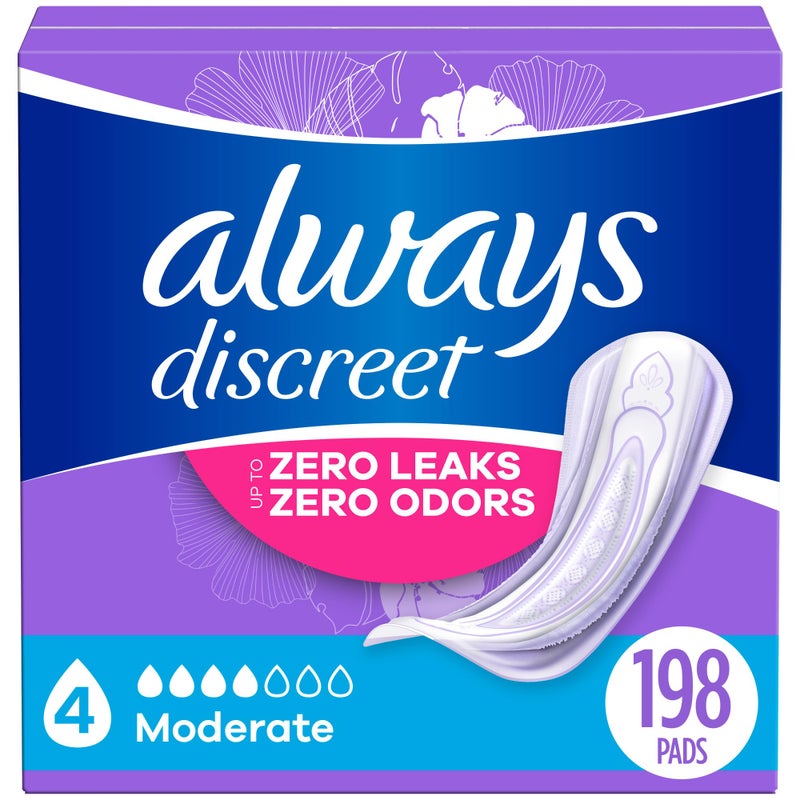 Always Discreet حفاضات سلس البول للبالغين من ألويس ديسكريت للنساء، امتصاص معتدل، طول عادي، حفاضات ما بعد الولادة، 198 قطعة (3 عبوات من 66) - Image 1