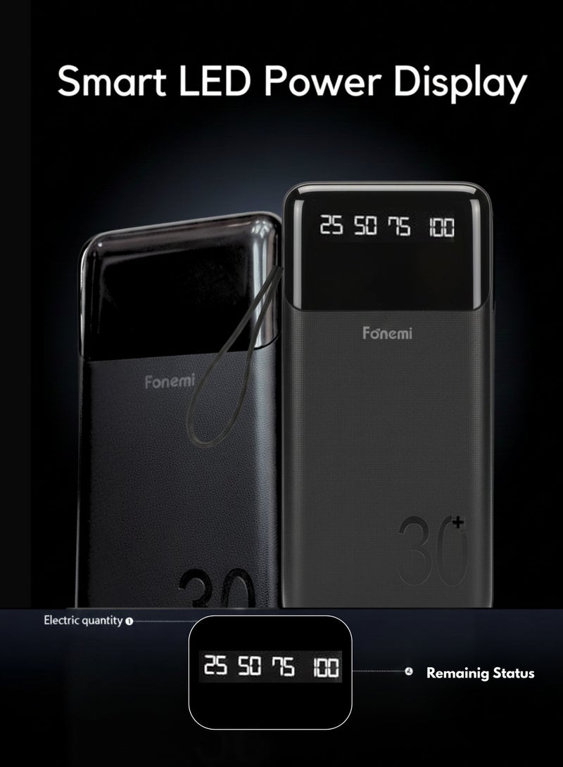 Fonemi 30000mAh Power Bank 22.5W Fast Charging, Built-in 4 Cables (Type-C, Lightning, Micro USB, USB), Digital LED Display, Smart Protection Chip, Dual Input & Multiple Output Portable Charger with Handle, Multi-Device Charging for Outdoor, Home & Office, Black - Image 4