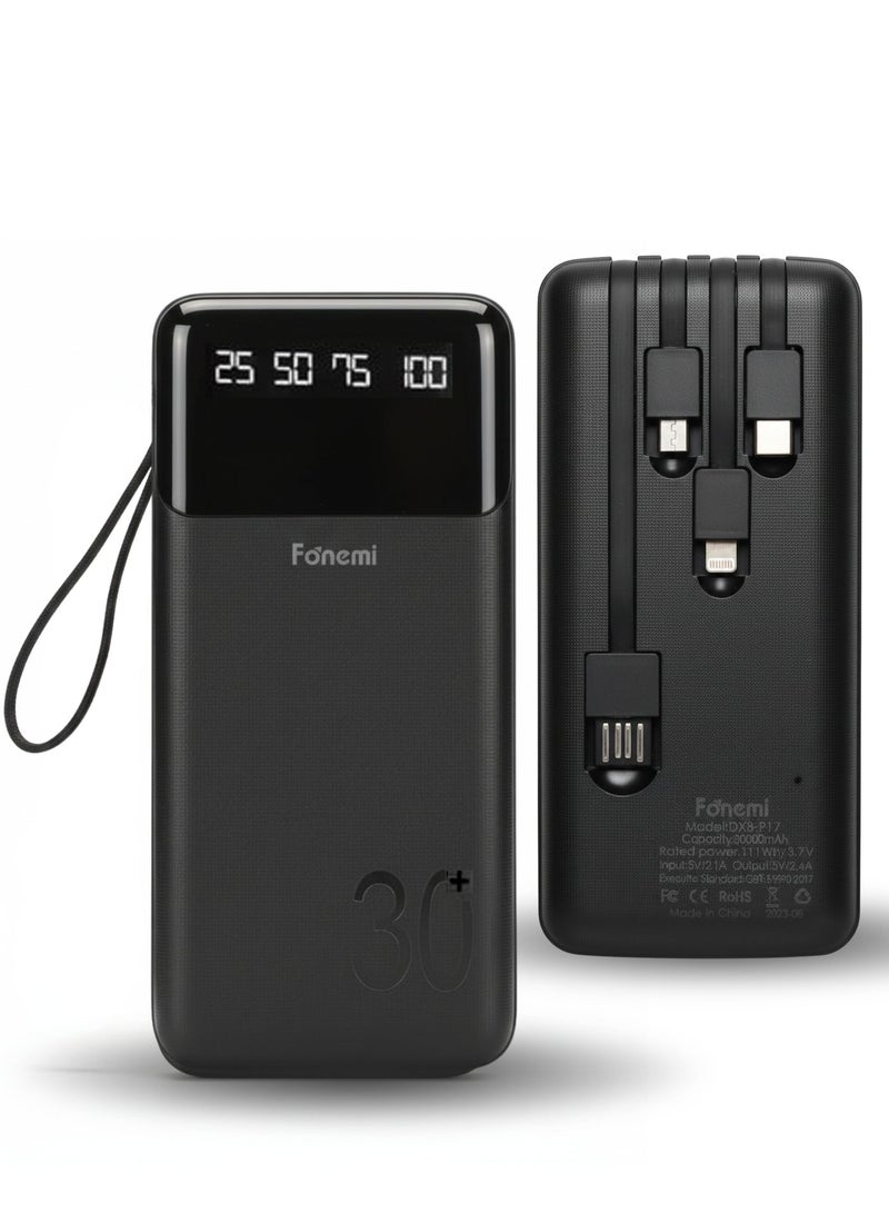 Fonemi 30000mAh Power Bank 22.5W Fast Charging, Built-in 4 Cables (Type-C, Lightning, Micro USB, USB), Digital LED Display, Smart Protection Chip, Dual Input & Multiple Output Portable Charger with Handle, Multi-Device Charging for Outdoor, Home & Office, Black - Image 1
