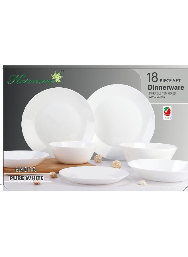 Servewell طقم عشاء هارموني من زجاج الأوبال الأبيض 18 قطعة