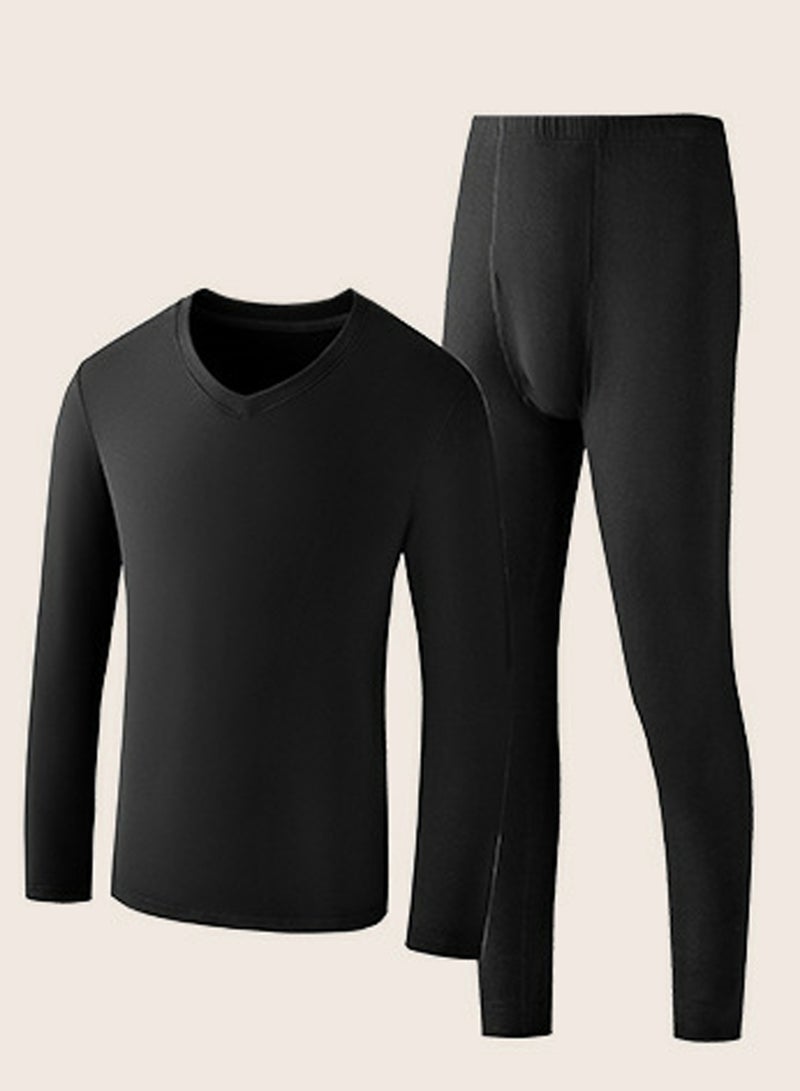 إسكدنيا Mens Solid Color Skin Friendly Thick Long Johns Fleese And V-Neck Thermal Underwear Set, 2 Piece Cold Weather Base Layer Set for Men Black 