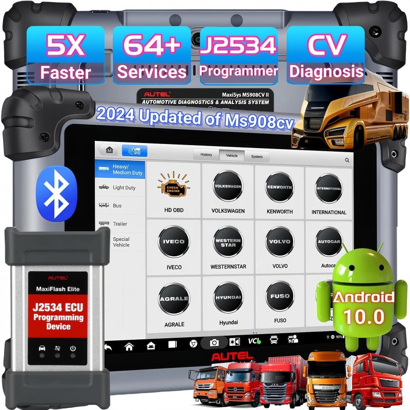 Autel MaxiSys MS908CV II 2024 Heavy Duty Truck Scanner Diagnostic Tool Upgrade of MS908CV Same as MS909CV Bluetooth Diesel Diagnostic Scan Tool J2534 ECU Programmer Coding 64 Service FCA AutoAuth
