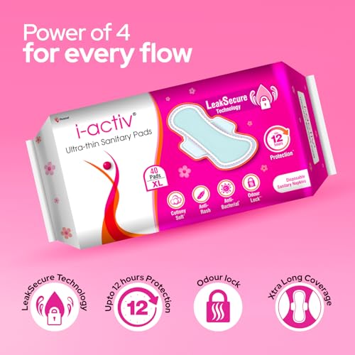 i-activ I activ Ultra Thin Sanitary Pads for Women XL | 40 Pads | Anti-Rash Anti-Bacterial Cottony Soft Sanitary Napkins | No Nasties | Upto 12 Hours Heavy Flow Leak Protection | Soft Hydrophobic Wings - Image 5