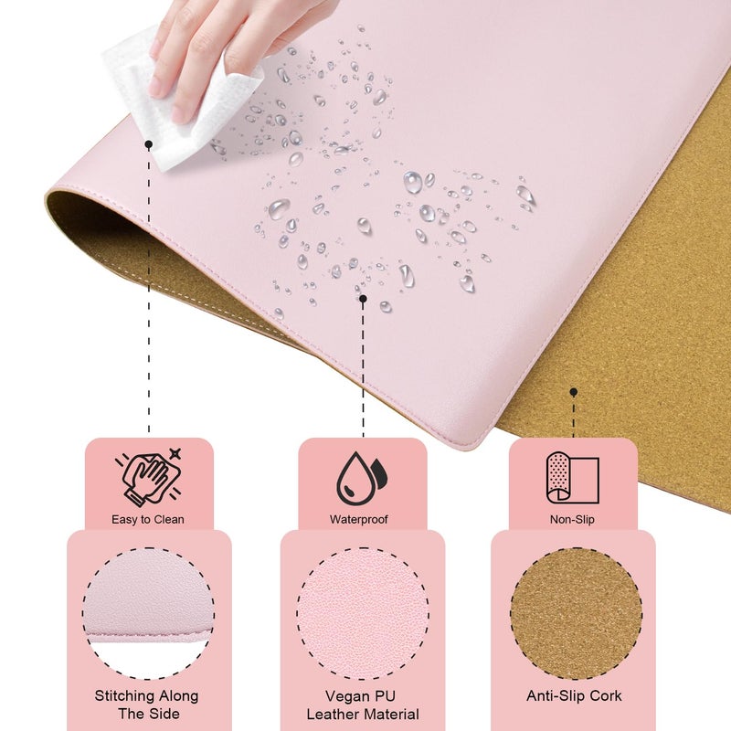 BLESWIN Non Slip Desk Mat, 31.5" x 15.7" PU Leather Desk Pad, Cork Desk Mat for Desktop, Desk Pad for Keyboard and Mouse, Ideal for Office and Home, Pink - Image 2