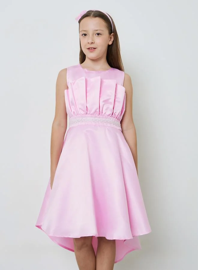 تايك تو Girls Fold Pleat Embellished Waist Dress