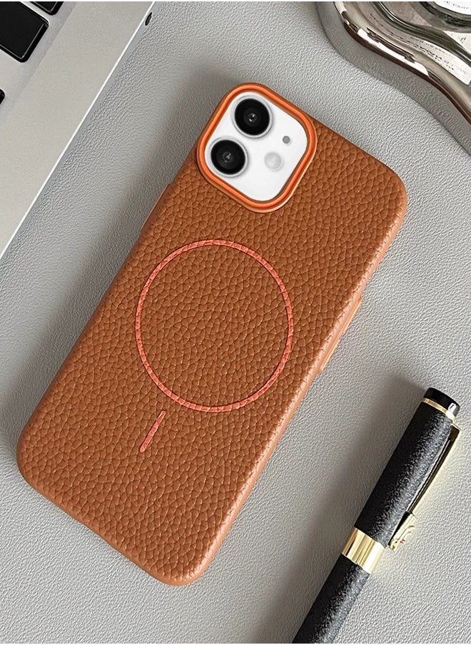 Magsafe Phone Case For iPhone 11 With High Quality Rubber Frame And Slim Lychee Pattern Leather Case with Camera Lens Protection Shockproof Cover And support wireless Charging Leather Cover for iPhone 11 - Brown
