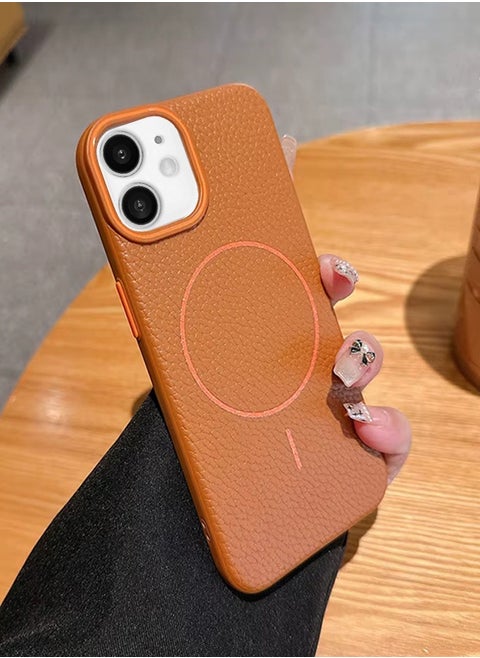 Magsafe Phone Case For iPhone 11 With High Quality Rubber Frame And Slim Lychee Pattern Leather Case with Camera Lens Protection Shockproof Cover And support wireless Charging Leather Cover for iPhone 11 - Brown