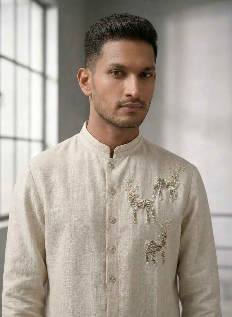 Lehar  Sand-Wash Linen Co-ord Set with Narrative Embroidery for Men | Best Price UAE