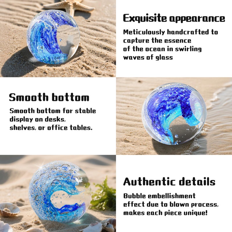 QIANCHANG 3.15" Large Ocean Wave Glass Paperweight, Hand Blown Glass Art Figurines, Blue Waves Decor Coastal Beach Themed Gifts - Image 3