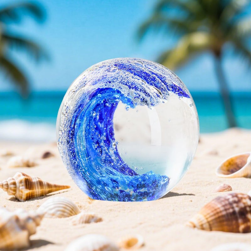 QIANCHANG 3.15" Large Ocean Wave Glass Paperweight, Hand Blown Glass Art Figurines, Blue Waves Decor Coastal Beach Themed Gifts - Image 2