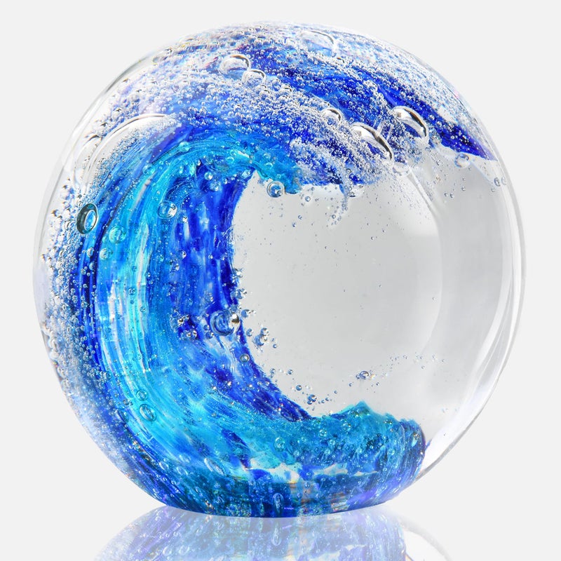 QIANCHANG 3.15" Large Ocean Wave Glass Paperweight, Hand Blown Glass Art Figurines, Blue Waves Decor Coastal Beach Themed Gifts - Image 1