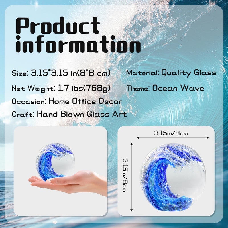 QIANCHANG 3.15" Large Ocean Wave Glass Paperweight, Hand Blown Glass Art Figurines, Blue Waves Decor Coastal Beach Themed Gifts - Image 4