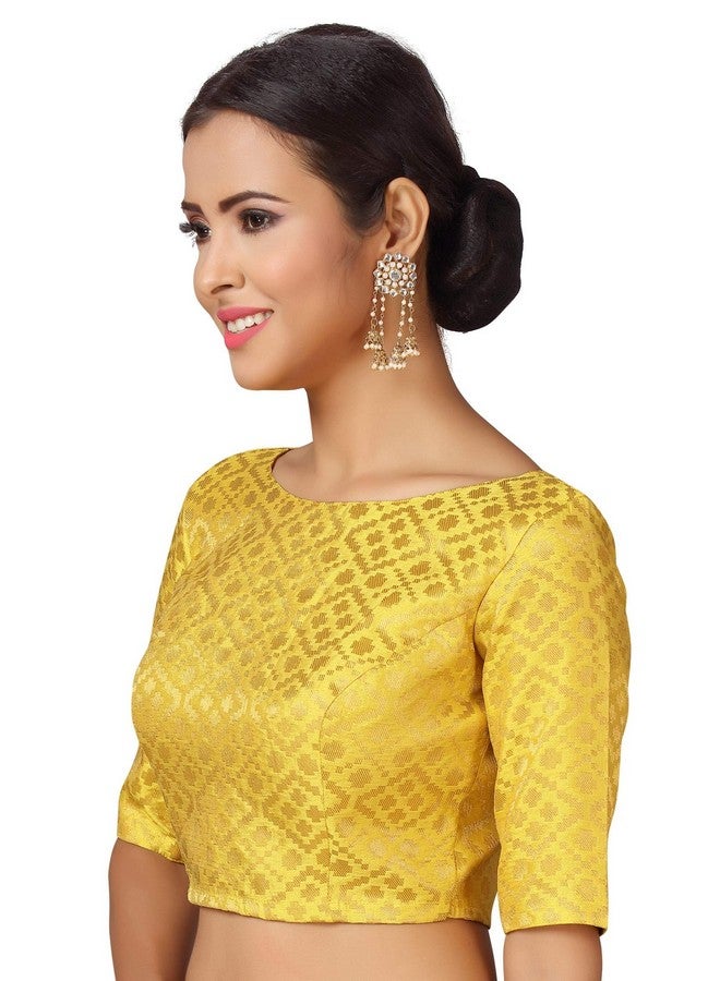Studio Shringaar Studio Shringaar Women's Readymade Brocade Elbow Length Sleeves Saree Blouse (Yellow, 40) - Image 2
