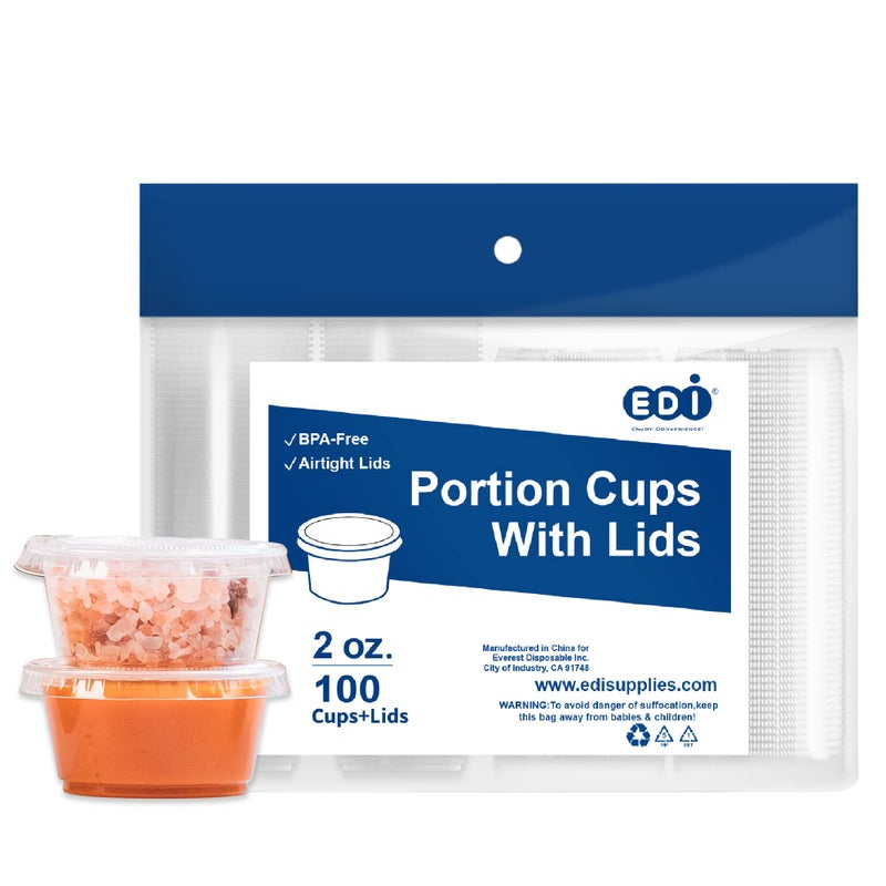 EDI Clear Disposable Plastic Portion Cups with Leakproof Lids  2 Oz 100 Sets  BPA Free Recyclable Jello  Dipping Sauce Cups