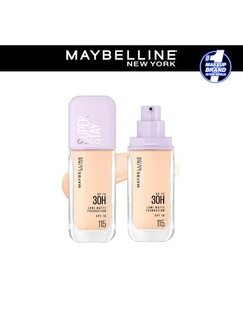 MAYBELLINE SUPER STAY LUMI-MATTE FOUNDATION 30H LONGWEAR, LIGHTWEIGHT, WATERPROOF, SWEATPROOF, HEATPROOF, STAY TRUE TO TONE ALL DAY, 115