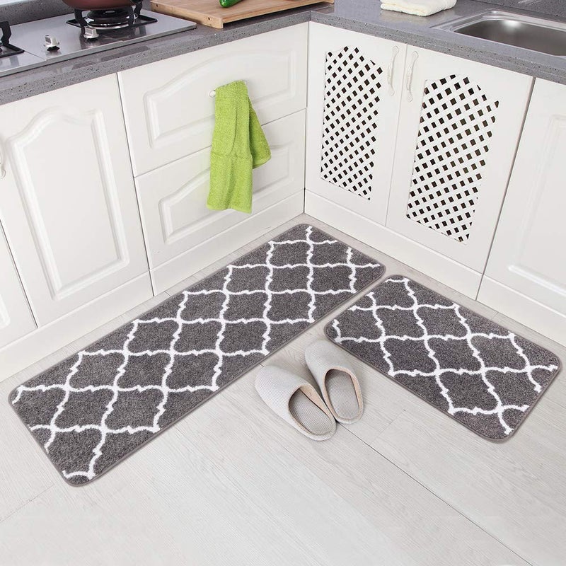 Carvapet 2 Pieces NonSlip Kitchen Rugs Machine Washable Moroccan Pattern Doormat Kitchen Floor Mat Grey