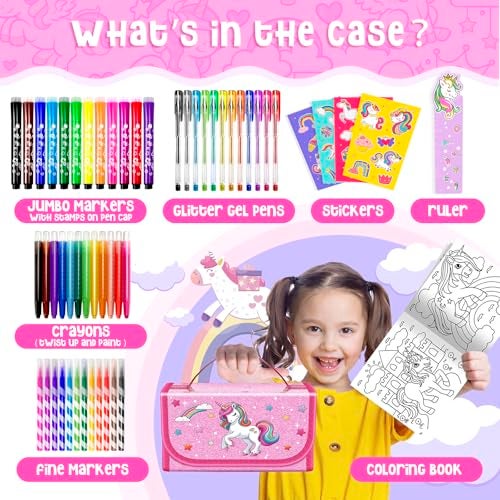 ABERLLS Washable Markers Set with Glitter Unicorn Pencil Case Art Supplies for Kids Ages 568 Birthday Gifts Toys for Girls 5 6 7 8 9 10 Year Old Arts Crafts Coloring Set with Crayon Pencil Gel Pen - Image 5