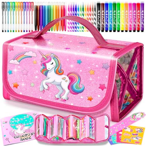 ABERLLS Washable Markers Set with Glitter Unicorn Pencil Case Art Supplies for Kids Ages 568 Birthday Gifts Toys for Girls 5 6 7 8 9 10 Year Old Arts Crafts Coloring Set with Crayon Pencil Gel Pen - Image 1