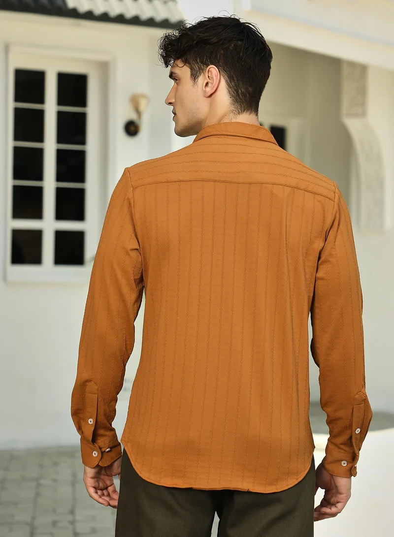 Campus Sutra Men's Copper Brown Spiralknot-Tactile Shirt