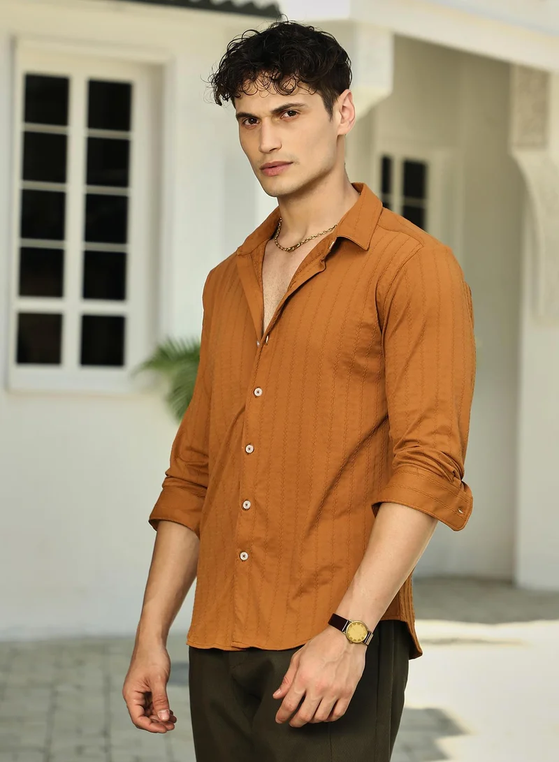 Campus Sutra Men's Copper Brown Spiralknot-Tactile Shirt
