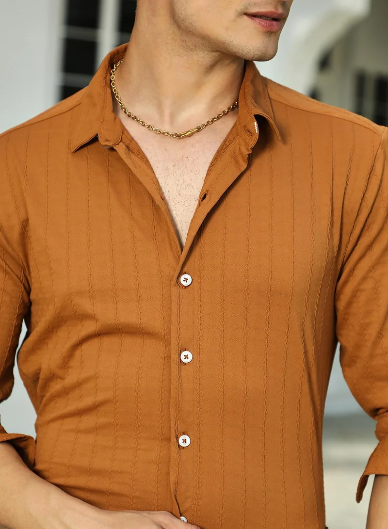 Campus Sutra Men's Copper Brown Spiralknot-Tactile Shirt