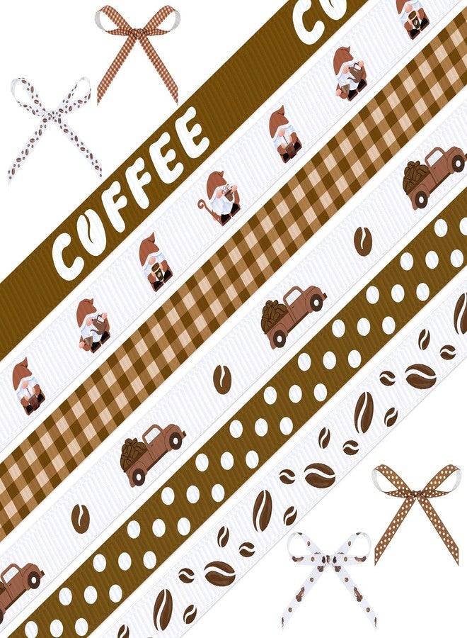 Pineraap 6 Rolls 30 Yards Coffee Grosgrain Ribbon 3/8 Inch Coffee Beans Printed Ribbon Brown Plaids Polka Dots Ribbon for Gift Wrapping Holiday Birthday Party Decoration - Image 1