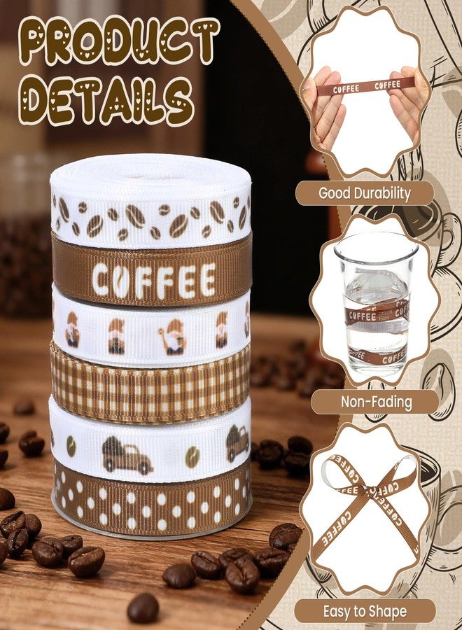 Pineraap 6 Rolls 30 Yards Coffee Grosgrain Ribbon 3/8 Inch Coffee Beans Printed Ribbon Brown Plaids Polka Dots Ribbon for Gift Wrapping Holiday Birthday Party Decoration - Image 3