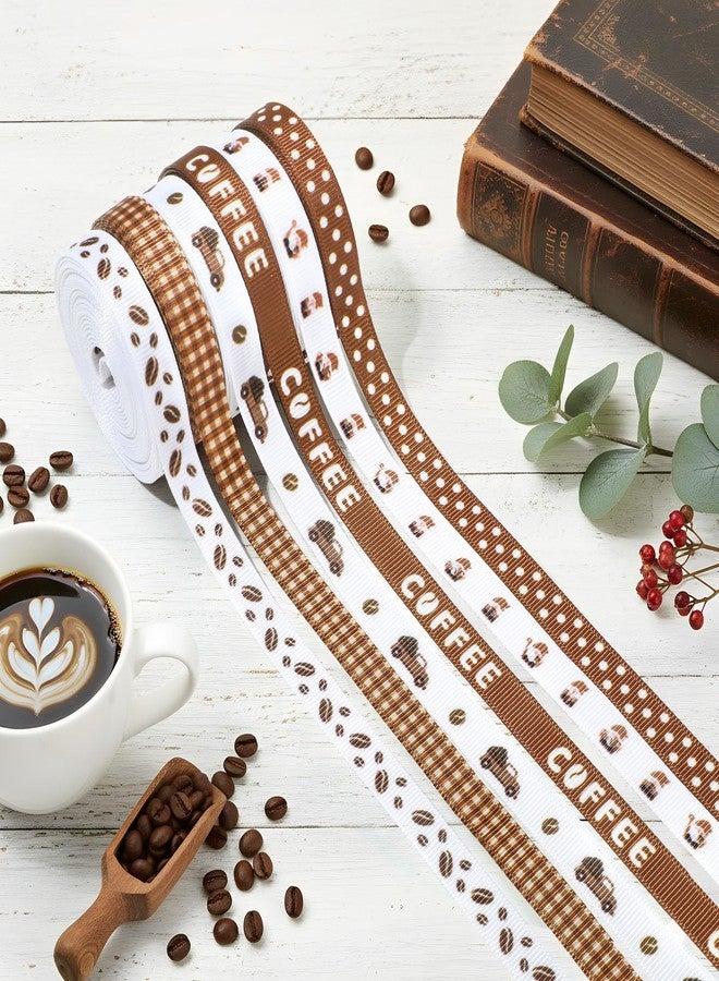 Pineraap 6 Rolls 30 Yards Coffee Grosgrain Ribbon 3/8 Inch Coffee Beans Printed Ribbon Brown Plaids Polka Dots Ribbon for Gift Wrapping Holiday Birthday Party Decoration - Image 4