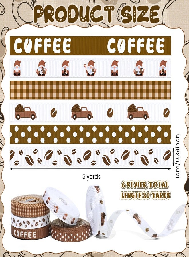 Pineraap 6 Rolls 30 Yards Coffee Grosgrain Ribbon 3/8 Inch Coffee Beans Printed Ribbon Brown Plaids Polka Dots Ribbon for Gift Wrapping Holiday Birthday Party Decoration - Image 2