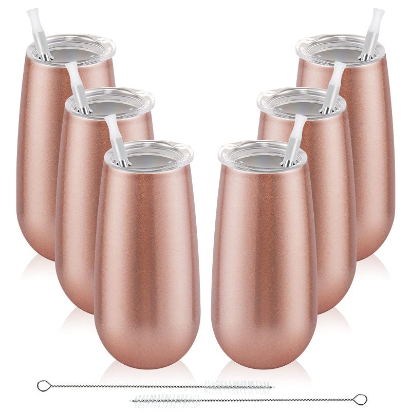 6 عبوات من أكواب الشمبانيا المعزولة بدون قاعدة سعة 6 أونصات أكواب كوكتيل غير قابلة للكسر مع غطاء هدية للعائلة والأصدقاء عيد الميلاد عيد الميلاد الزفاف وردي ذهبي