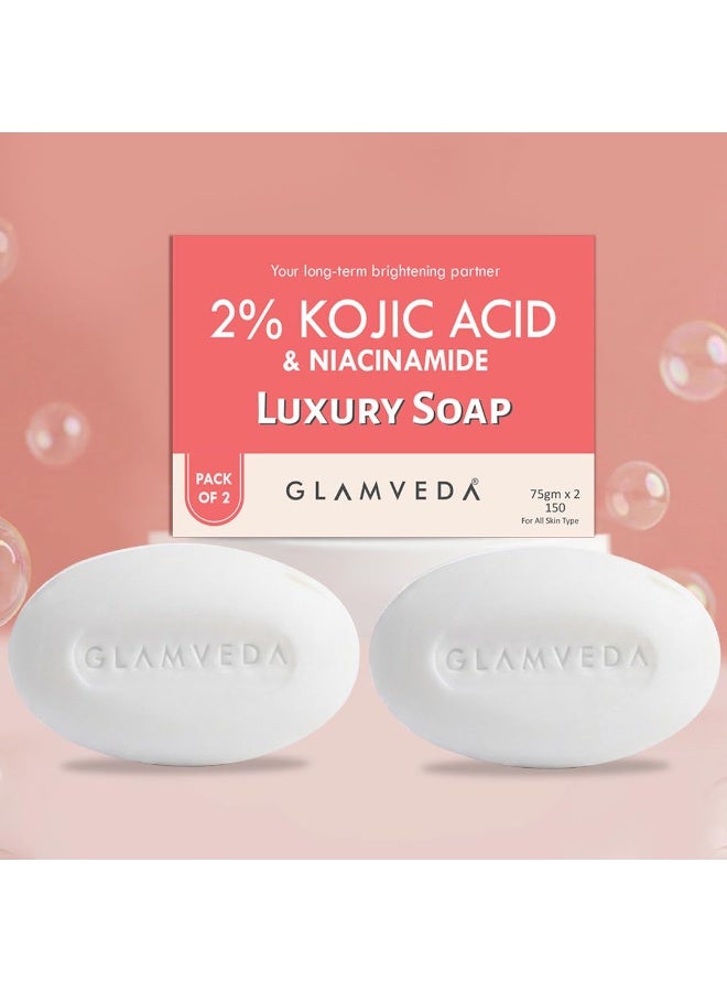 Glamveda 2% Kojic Acid Skin Lightening Soap with Niacinamide | For Dark Spots, Pigmentation & Sun Tanning | For Glass Skin | Clear Glow | Suitable for All Skin Types |- 75gm Pack of 2 - Image 1