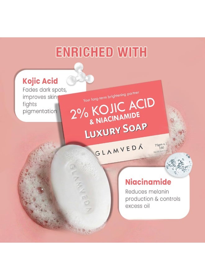 Glamveda 2% Kojic Acid Skin Lightening Soap with Niacinamide | For Dark Spots, Pigmentation & Sun Tanning | For Glass Skin | Clear Glow | Suitable for All Skin Types |- 75gm Pack of 2 - Image 2