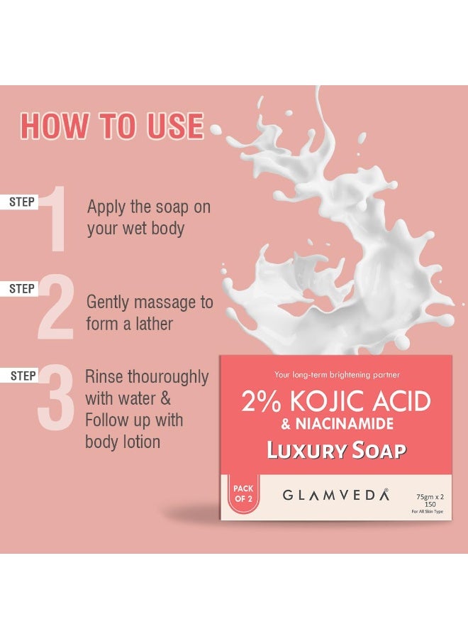 Glamveda 2% Kojic Acid Skin Lightening Soap with Niacinamide | For Dark Spots, Pigmentation & Sun Tanning | For Glass Skin | Clear Glow | Suitable for All Skin Types |- 75gm Pack of 2 - Image 4