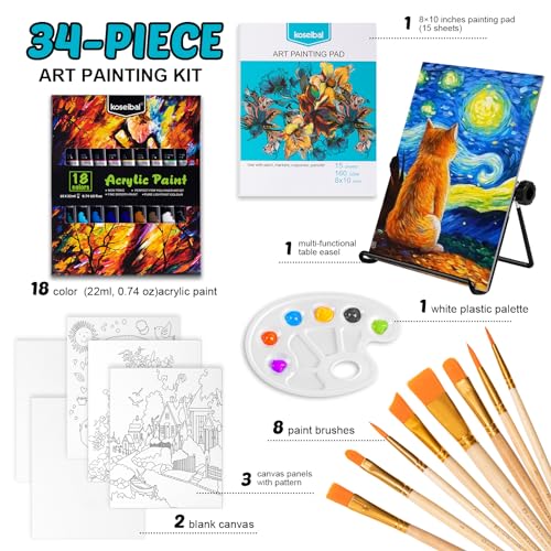 koseibal Acrylic Paint Set for Kids, Art Painting Supplies Kit with 18 Paints, 5 Canvas Panels, 8 Brushes, Table Easel, Etc, Premium Paint Set for Students, Artists and Beginner - Image 2
