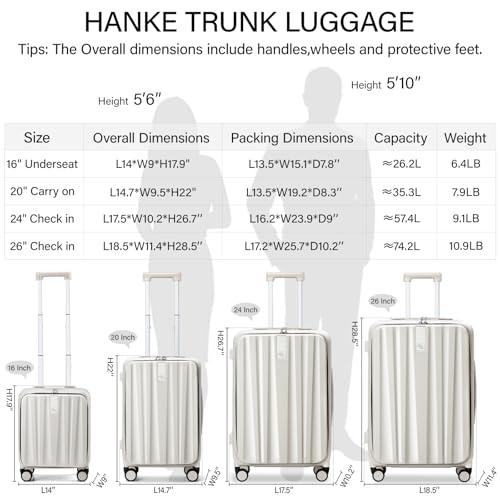 Hanke 16 Inch Underseat Carry On Luggage with Wheels,Small Hard Shell Suitcases for Weekender,Top Opening Lightweight Travel Luggage Suitcase for Womem Men,Ivory White. - Image 3