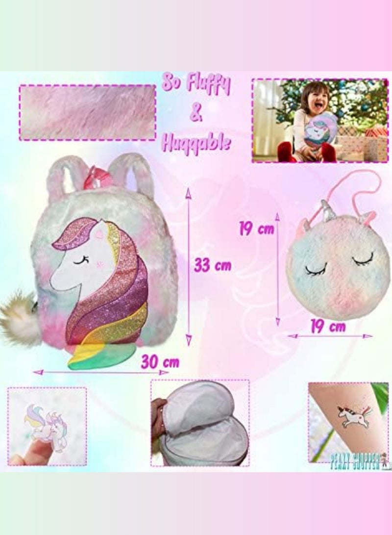PEAKY KIDS Fluffy unicorn bag ideal girls bag for kids, stylish rainbow cute plush backpack for girls, eye-catching backpack for kids with coin bag, stickers and tattoos - rainbow pink - Image 3