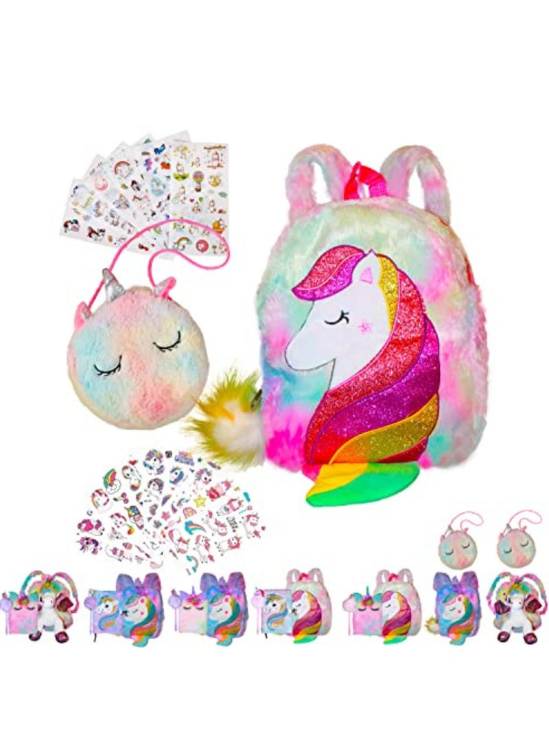 PEAKY KIDS Fluffy unicorn bag ideal girls bag for kids, stylish rainbow cute plush backpack for girls, eye-catching backpack for kids with coin bag, stickers and tattoos - rainbow pink - Image 1