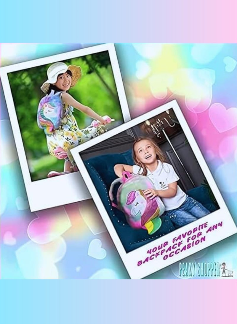 PEAKY KIDS Fluffy unicorn bag ideal girls bag for kids, stylish rainbow cute plush backpack for girls, eye-catching backpack for kids with coin bag, stickers and tattoos - rainbow pink - Image 4
