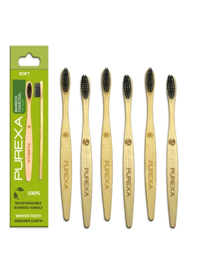 PUREXA Bamboo Toothbrush with Activated Charcoal BPA-Free Soft Bristles (Pack of 6), 100% Natural, Eco-Friendly and Biodegradable Handle - Image 1