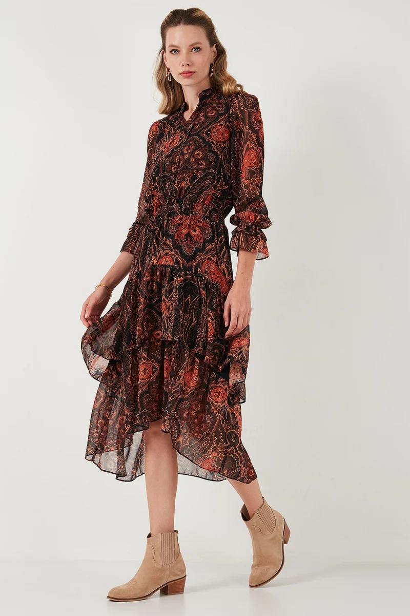 Lela Standard Fit Collar Detailed Flounce Chiffon Midi Dress Women's Dress 611EL1451