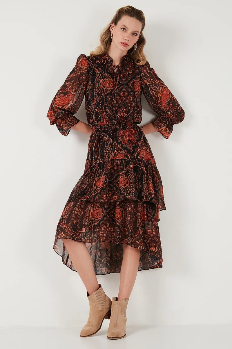 Lela Standard Fit Collar Detailed Flounce Chiffon Midi Dress Women's Dress 611EL1451